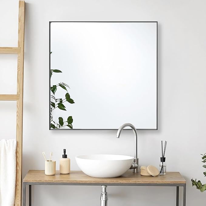 24x24 Inch Black Bathroom Mirror for Wall, Aluminum Frame Rectangle Rectangular Vanity Mirror, Modern Large for Bedroom, Living Room, Horizontal or Vertical