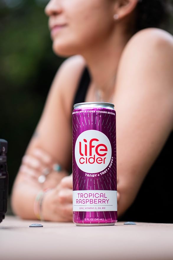 Life Cider | 12 Pack (12 Fl Oz) | Tropical Raspberry | Sparkling Apple Cider Vinegar Beverage | Digestive Health & Immunity Benefits | Low Calorie & Low Carb Drinks | Vitamins C, D3, Zinc, B12