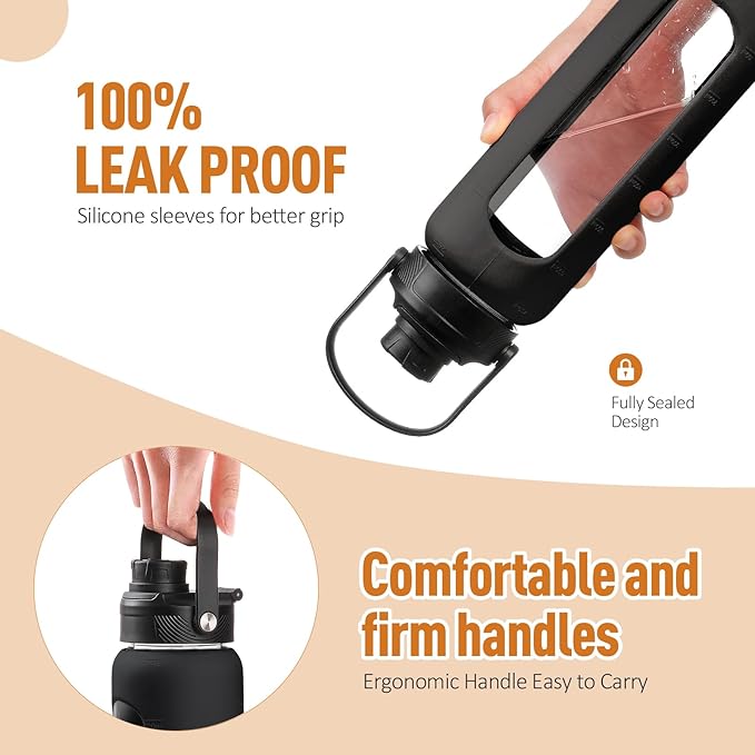 Kodrine Water Bottle with Straw, 24 oz Glass water Bottle with 2 Lids Bamboo Straw Lid and Spout Lid with Handle, 32 oz Clear Water Bottle Glass for Sports Travel, Waterbottle with Time Marker