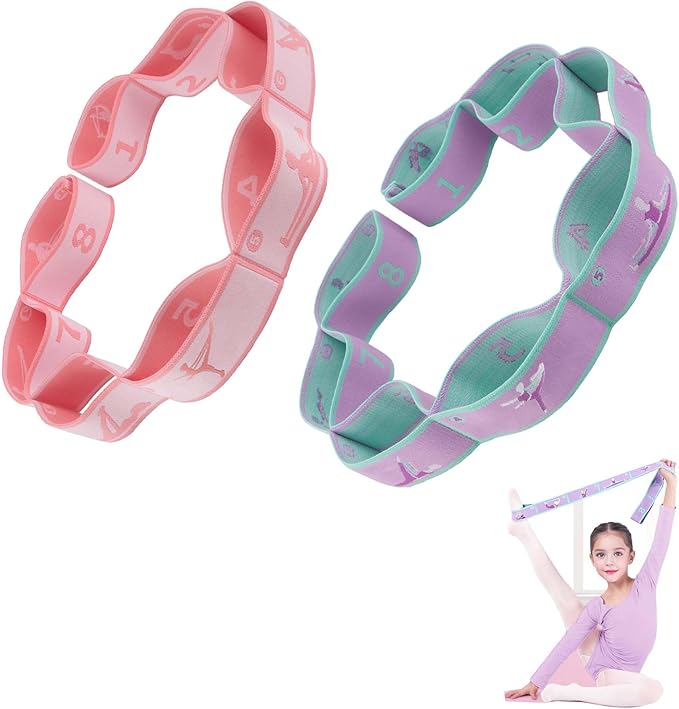 2pcs Stretch Strap for Kids,Elastic Yoga Stretching Strap with Loops, Multi-Loop Adjustable Exercise Stretching Bands，Stretching Resistance Ballet Bands for Dance, Latin, Gymnastics Exercis -8Loops