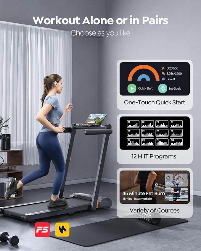 2 in 1 Folding Treadmills for Home Small Office, 2.5HP Walking Pad Treadmill with Handle Bar, 300lbs Capacity, Copmact Protable Treadmill with Smart APPs, 12 HIIT Modes and Touch Screen
