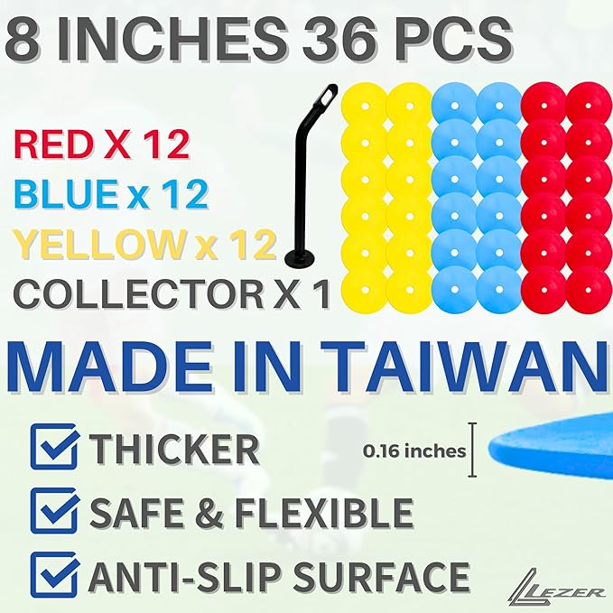 LEZER 6 Inch 8 Inch Flat Cones, Spot Markers, Soccer Cones, Field Court Markers, Sit Spots, Flat Discs, Soccer Training Equipment, Agility Practice, Football, Made in Taiwan