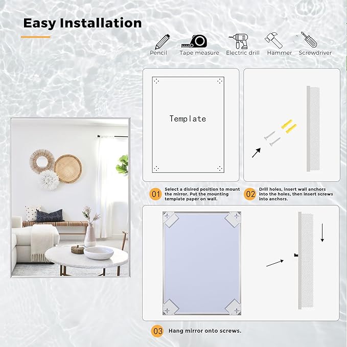 30x30 Inch Nickel Bathroom Mirror for Wall, Aluminum Frame Rectangle Rectangular Vanity Mirror, Modern Large for Bedroom, Living Room, Horizontal or Vertical