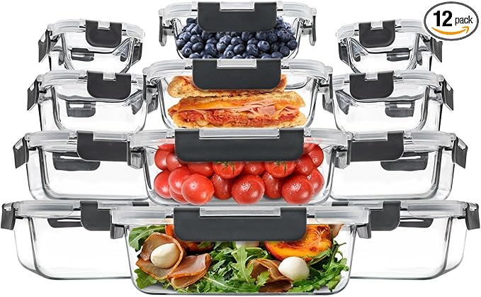 12 Pack Glass Food Storage Containers, Glass Storage Containers with Lids for Meal Prep, Lunch, Airtight, Freezer to Microwave Safe (12 Lids & 12 Containers)