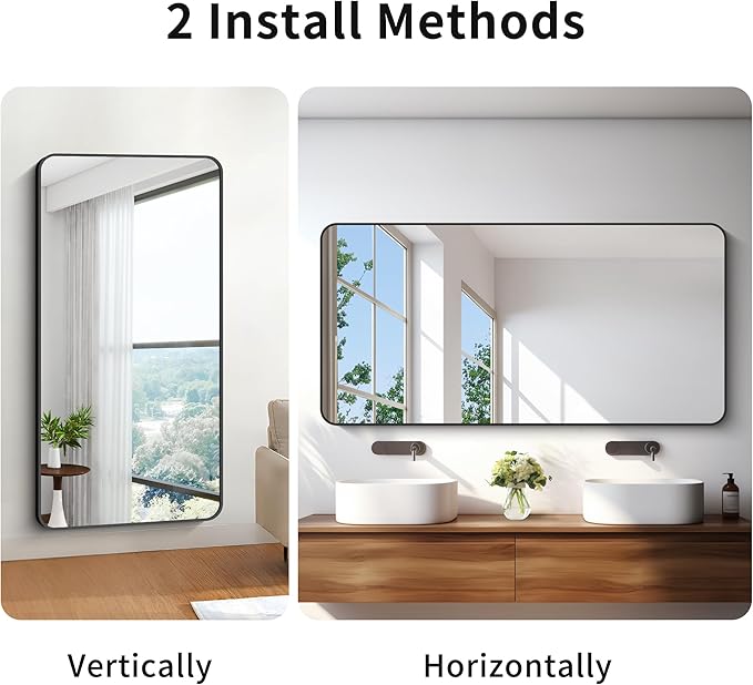 30x60 inch Bathroom Mirror,Black Rectangle Mirror,Wall Mounted Bathroom Frame Vanity Mirror with Round Corner for Bedroom Living Room, Entryway Hangs Horizontal or Vertical