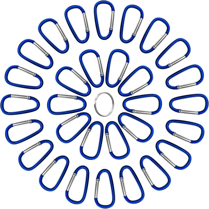 30PCS Aluminum Carabiner Clips, 2" D Shape Spring Snap Hooks Carabiner with 30PCS Keyring Keychain Hook