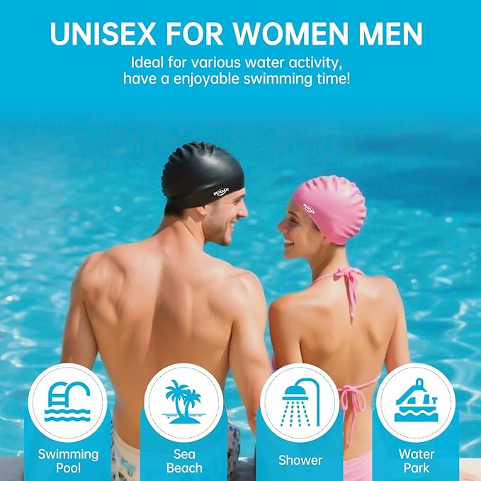 Large Thick Hair Swim Cap with Extra Room for Women Men, Premium Silicone Swimming Cap for Long Hair with Ear Plugs Nose Clip Set, Adult Waterproof Swim Hats Bathing Caps to Keep Hair Dry