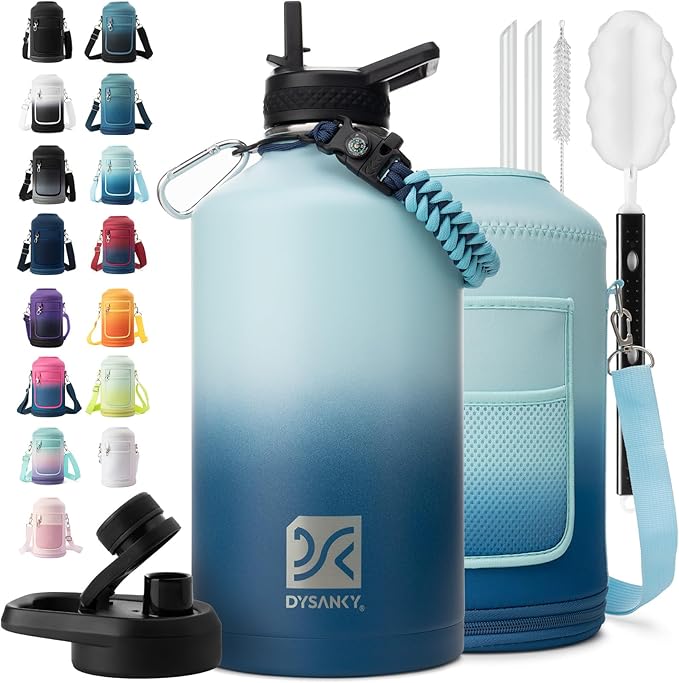1 Gallon Water Bottle Insulated | Thickened Stainless Steel Vacuum Metal Water Jug | Portable Sports Large for Gym and Hiking with Straw, Carrier Bag, Handle Strap | BPA-Free 128 oz