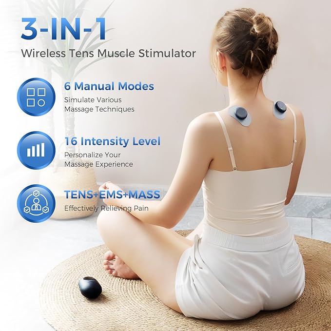 KingPavonini Wireless TENS Unit, Muscle Stimulator for Pain Relief, Portable Rechargable TENS EMS Machine, LED Screen, Remote, Dual Channel 6 Modes 16 Intensity Massager, Charging Case (4 Pads)