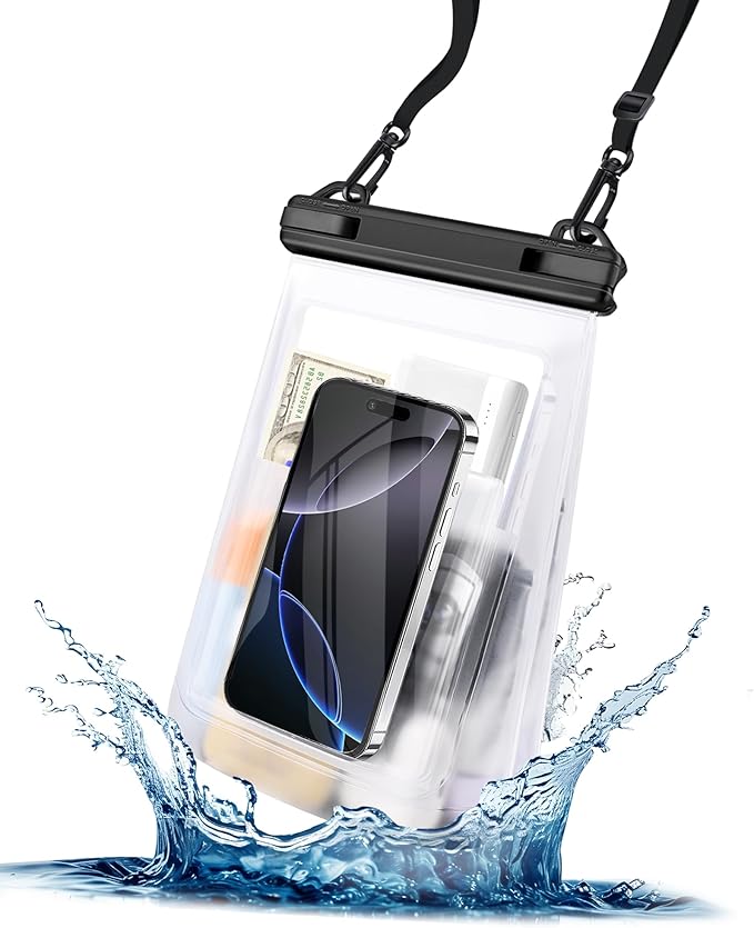 Large Waterproof Phone Pouch - [Oversized] [Floating] Waterproof Pouch for iPhone Galaxy Google and More, IPX8 Waterproof Dry Bag for Beach Vacation Belongings Black