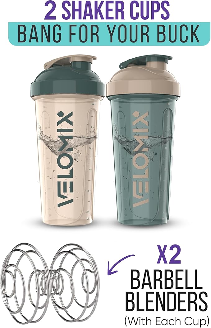 '-2 Pack- 28 oz Protein Shaker Bottles for Protein Mixes - 2x Wire Whisk | Leak Proof Shaker Cups for Protein Shakes | Protein Shaker Bottle Pack | Shakers for Protein Shakes-Blue&Beige