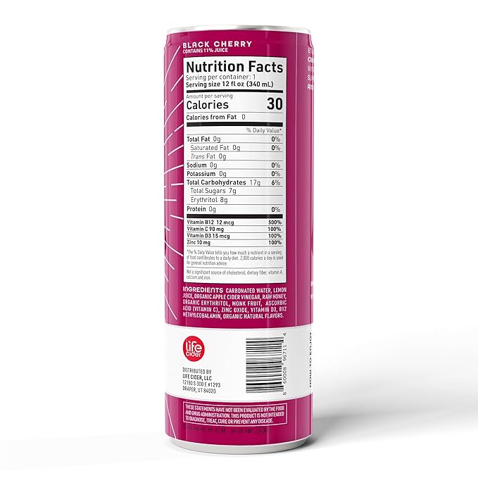 Life Cider | 12 Pack (12 Fl Oz) | Black Cherry | Sparkling Apple Cider Vinegar Beverage | Aids Digestion & Immune System | Vitamin C, D3, Zinc, B12