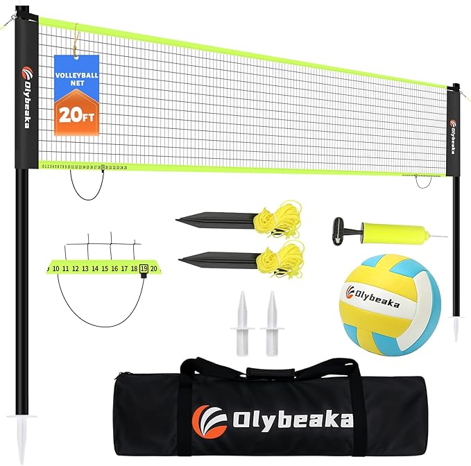 20FT Outdoor Volleyball Net Set System for Backyard Beach with Anti-Sagging Net, Iron Adjustable Height Poles, Soft PU Volleyball and Pump, Carry Bag - Instant Set Up & Durable