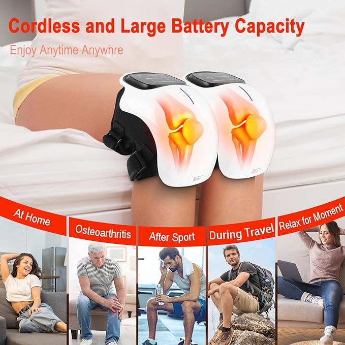 3-in-1 Cordless Knee Massager w/Heat, Red Light & Massage for Knee Pain, Infrared Heat & Vibration, Portable Wireless Knee Heating Pad w/LED Screen for Family and Friends