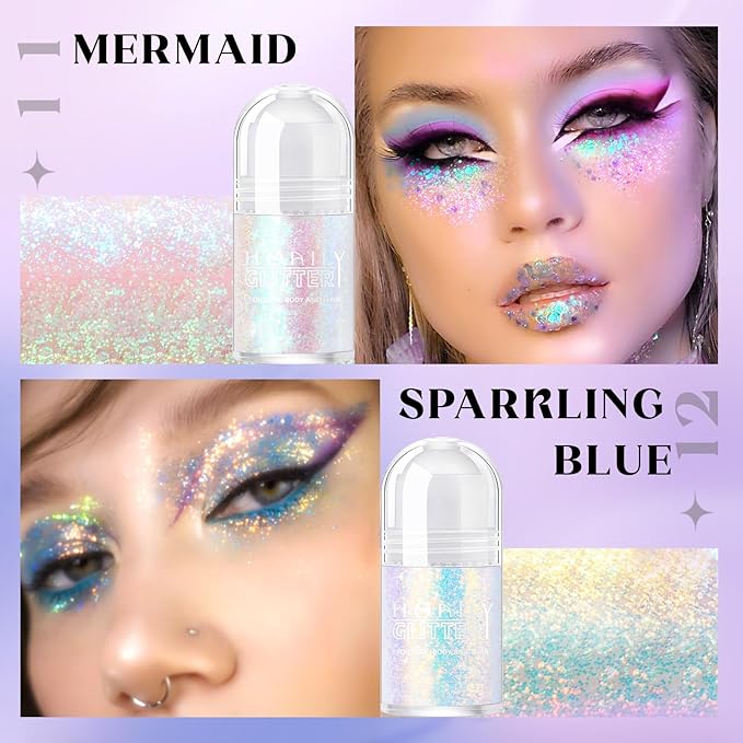 2 Colors Roll-on Body Glitter Gel, Holographic Glitter Gel Under Light for Face Hair, Body Shimmer for Rave Accessories Christmas New Year Halloween Makeup (11+12)