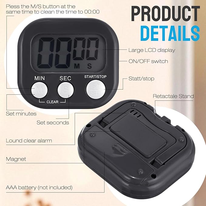 Leumoi 24 Pcs Digital Kitchen Timers Bulk Small Magnetic Timer On/Off Switch Minute Second Count up Countdown Loud Alarm for Classroom Cooking Baking(Black)