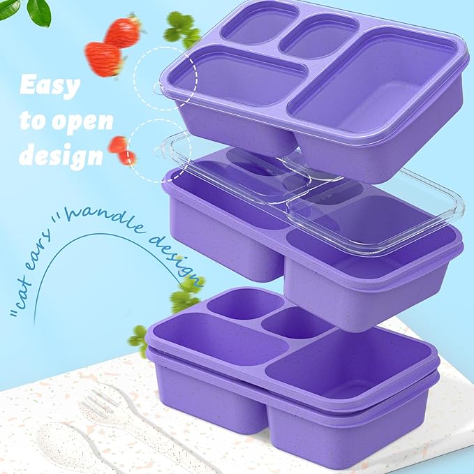 Large Capacity Bento Box for Adults, 4-Piece Set – Stackable Lunch Box with 4 Compartments, Microwave & Dishwasher Safe, Reusable Meal Prep Containers, Snack Containers for Kids & Adults (Purple)
