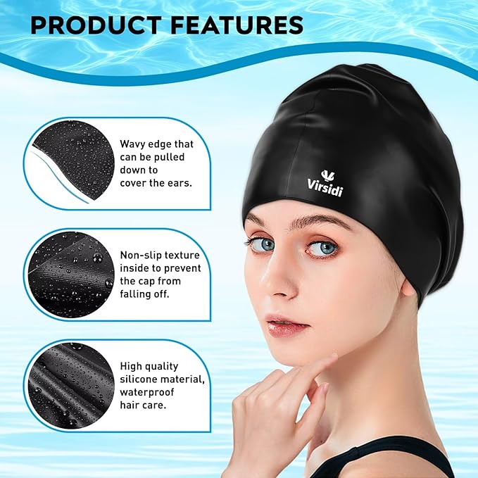 2 Pack Large Swim Caps for Long Hair, Silicone Swimming Cap for Adult Women Men, Waterproof Swim Hats Bathing Caps to Keep Hair Dry with Bonus Nose Clip and Earplugs