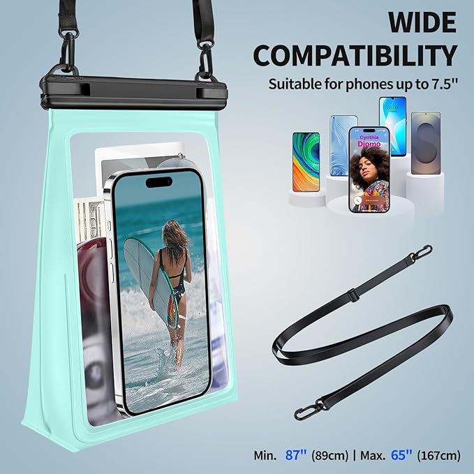 Large Waterproof Phone Pouch [with Sealing Strip], Cell Phone Dry Bag for iPhone Galaxy All Phones, Floating Water Proof Bag for Beach Water Park Green