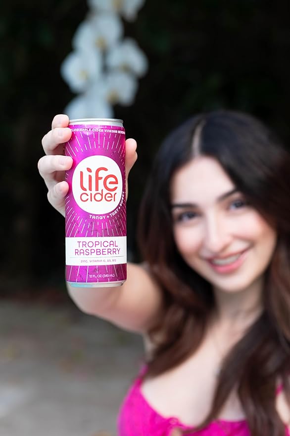 Life Cider | 12 Pack (12 Fl Oz) | Tropical Raspberry | Sparkling Apple Cider Vinegar Beverage | Digestive Health & Immunity Benefits | Low Calorie & Low Carb Drinks | Vitamins C, D3, Zinc, B12