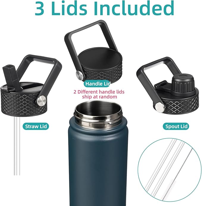 18 oz Insulated Water Bottle Stainless Steel Sport Bottles with 3 Lids,Navy Blue