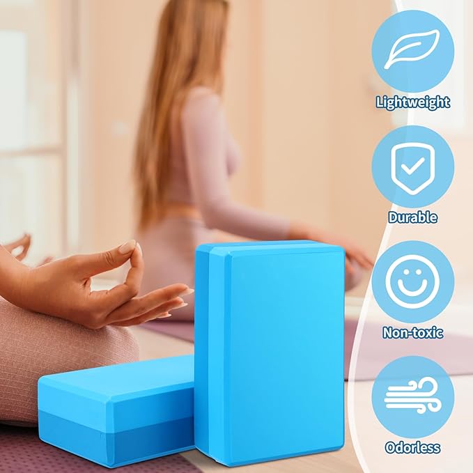 Liliful 10 Pcs Yoga Blocks Bulk Eva Foam Exercise Yoga Brick Soft Non Slip Surface Foam Blocks High Density Yoga Accessories for Workout Stability Balance Deepen Stretches Pilates 9''x6''x3''(Blue)