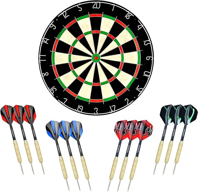 LinkVisions Dartboard with Staple-Free Bullseye, 18g Steel Tip Darts Set,12 Steel Tip Darts 18g, Dartboard Mounting Kits Included