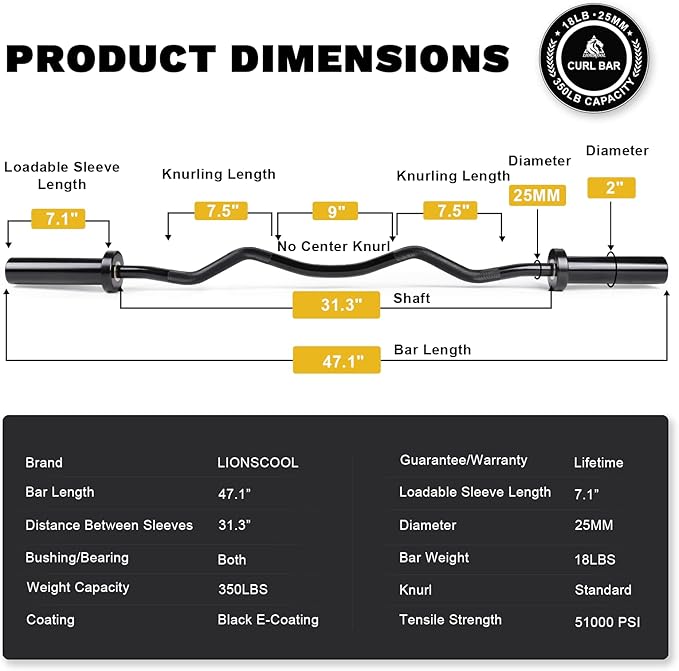 LIONSCOOL Premium 4ft/4.9ft/6ft Barbell for Strength Training and Olympic Weightlifting, 2 Inch Bar for Squats, Curls, Deadlifts, Presses, Hip Thrusts, 350lbs/500lbs/700lbs Weight Capacity