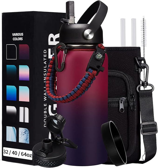 32OZ Insulated Water Bottle with Straw - Spout Lid, Sweat-Proof & BPA-Free Metal Reusable Water Bottles, Wide-Mouth Vacuum Insulated Bottle with Paracord Handle, Bottle Sleeve Bag & Protective Boot