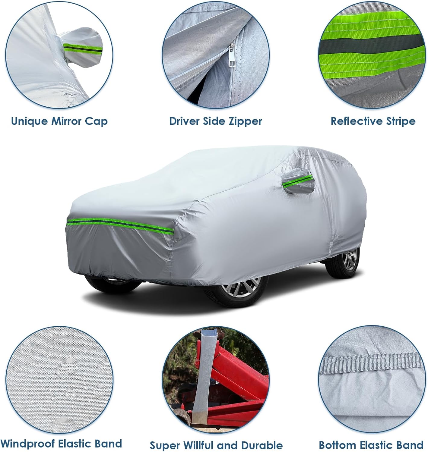 AUQDD 6-Layers Premium SUV Car Cover Waterproof All Weather Weatherproof UV Sun Protection Snow Dust Storm Resistant Outdoor Exterior Custom Form-Fit Full Padded Car Cover with Straps 214-232 K11…