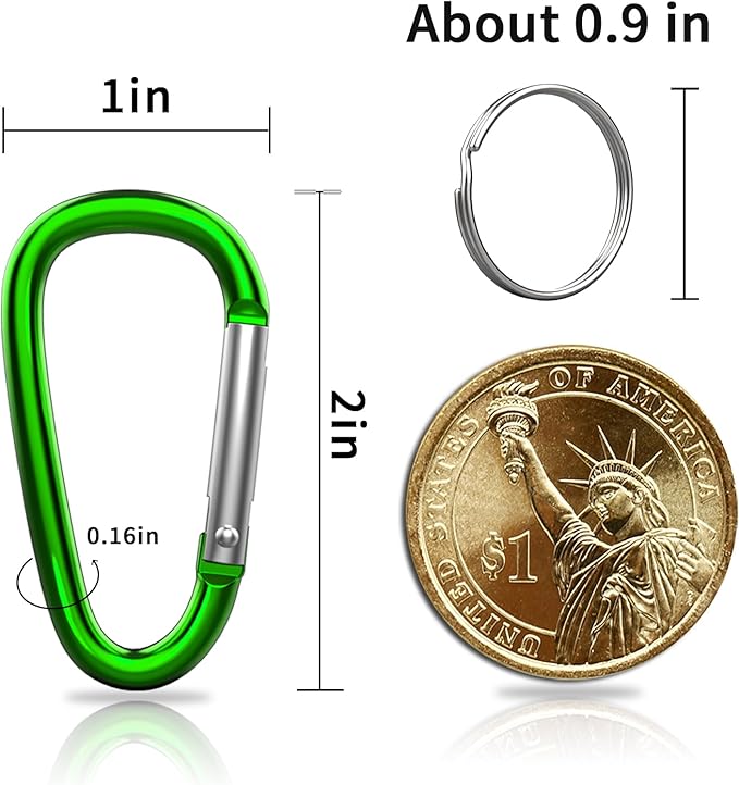 30PCS Aluminum Carabiner Clips, 2" D Shape Spring Snap Hooks Carabiner with 30PCS Keyring Keychain Hook