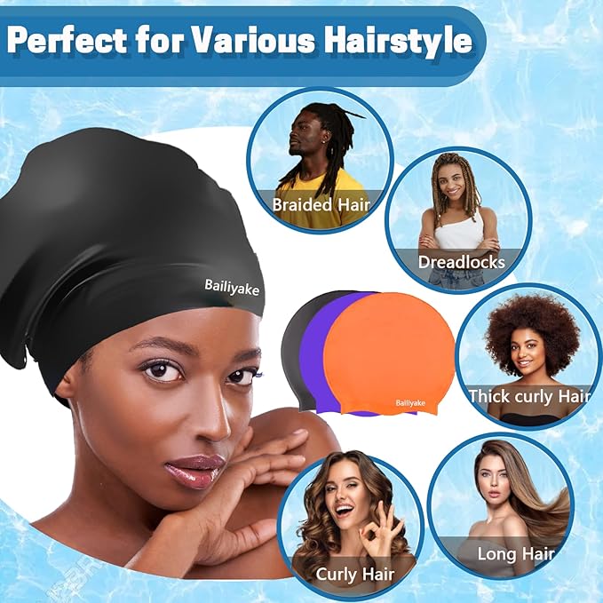 3 Pack Extra Large Swim Cap for Braids & Dreadlocks - Waterproof Silicone Swim Hat for Women with Long Thick Hair, Protective Swim Cap Cover Ears for Swimming, Shower, Bathing