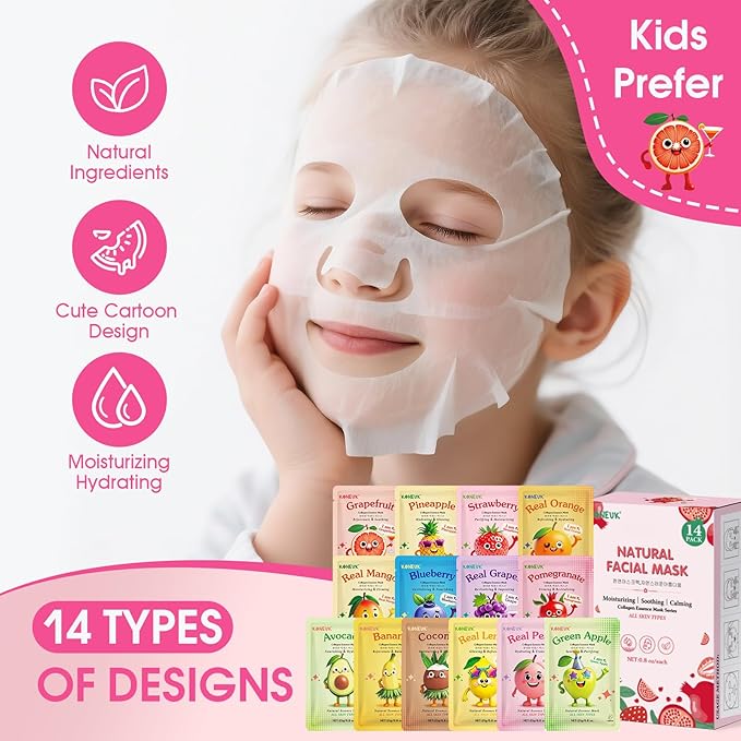 14 Pack Fruit Face Masks Skincare for Kids, Sheet Hydrating Facial Mask for All Skin Types, Bulk Collagen Face Mask for Women Skin Care, Birthday Party Spa Gifts for Teens Girls