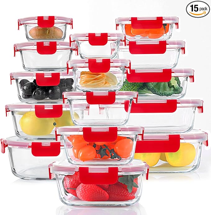 30 Pieces Glass Food Storage Containers Set, Glass Meal Prep Containers Set with Snap Locking Lids, Airtight Glass Lunch Containers, Microwave, Oven, Freezer & Dishwasher, Red