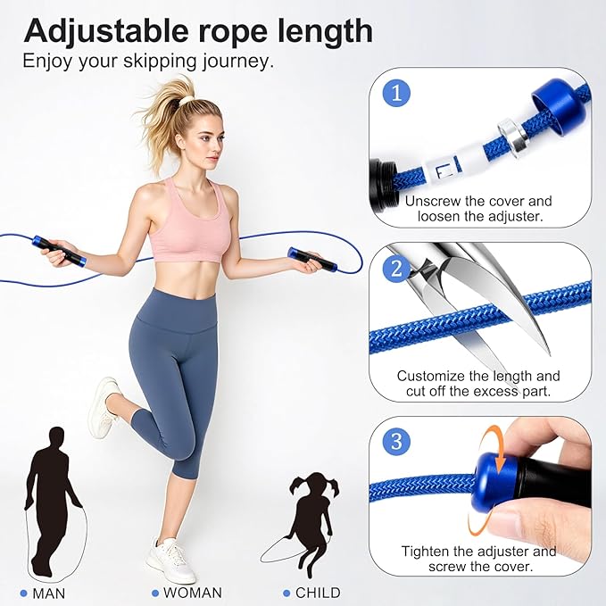1LB Weighted Jump Ropes for fitness Women Men, Aluminum Handles for MMA, Boxing, CrossFit, Weight-loss Workouts, Tangle-Free Ball Bearing Rapid Speed Skipping Jump Rope with Adjustable 9mm Cotton & PVC Cord