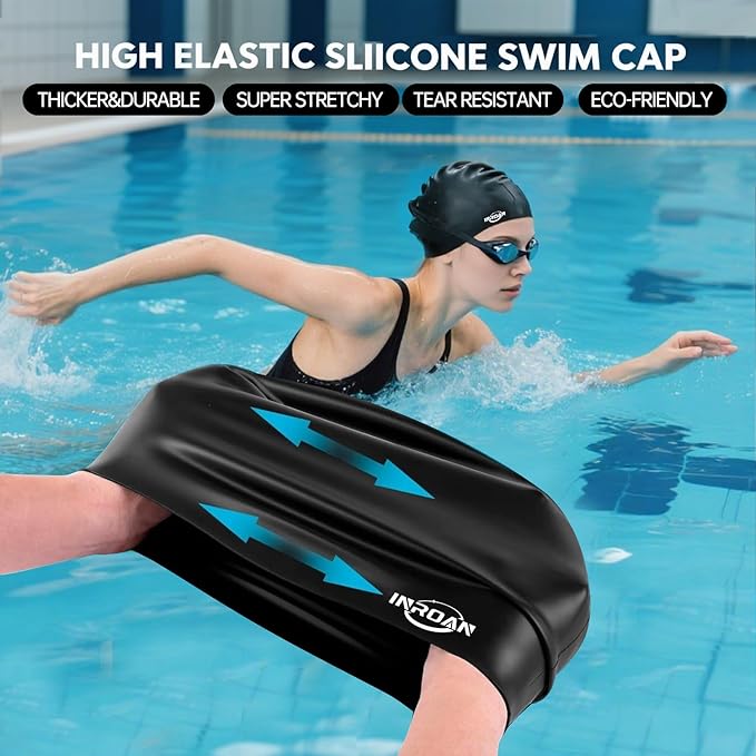 Large Thick Hair Swim Cap with Extra Room for Women Men, Premium Silicone Swimming Cap for Long Hair with Ear Plugs Nose Clip Set, Adult Waterproof Swim Hats Bathing Caps to Keep Hair Dry