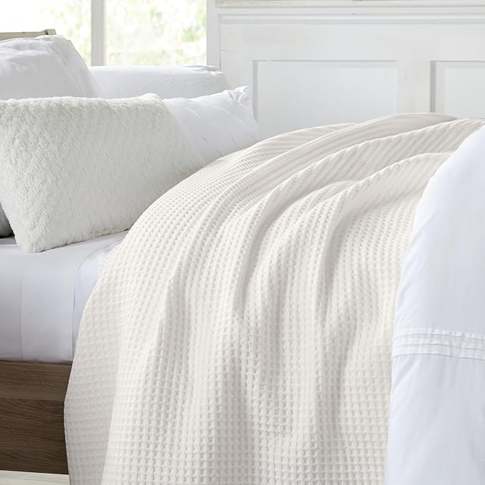 100% Cotton Waffle Weave Queen Bed Blanket | Soft, Breathable, and Lightweight Blanket for All-Seasons | Perfect for Layering | Brielle Collection (King, Ivory)