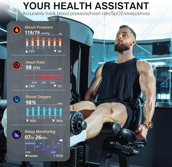 2025 DA GPT Smart Watch, Deep Search, Heart Rate, Blood Pressure, Blood Oxygen, Sleep Monitor, 107 Sports Modes, Waterproof Round Watch, 1.19-inch AMOLED Display, Compatible Android and iOS Gold Metal