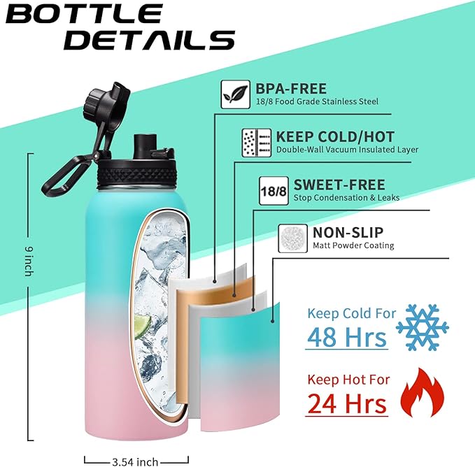 32oz Stainless Steel Water Bottle -w/Paracord Handle, Straw & Spout Lids, Bottle Sleeve, Reusable Metal Thermo Keep Cold-48h & Hot-24h, Wide Mouth Double-Wall Vacuum Flasks for Sports Fitness