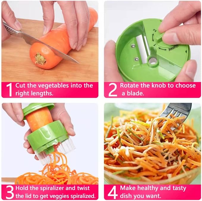 3 in 1 Vegetable Spiralizer Slicer, Adjustable Zucchini Carrot Noodle Maker, Cucumber Spiral Cutter, Easy to Use Kitchen Tool（Green）