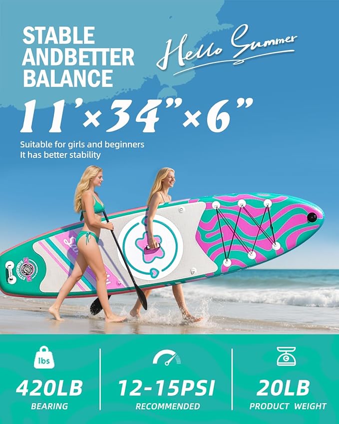 11'Stand Up Paddle Boards Surf Control with Premium SUP Board Accessories Backpack & Removable Fins, 34" Wide Inflatable Paddle Boards of All Skill Levels