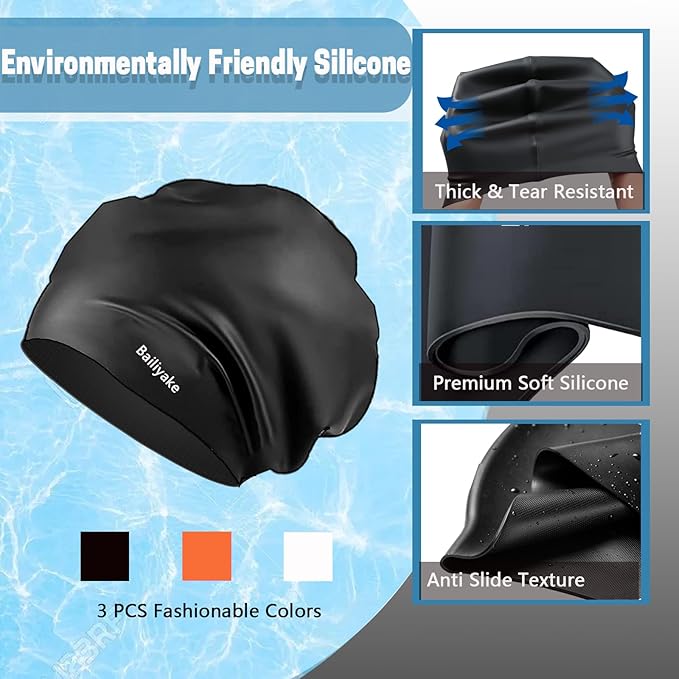 3 Pack Extra Large Swim Cap for Braids & Dreadlocks - Waterproof Silicone Swim Hat for Women with Long Thick Hair, Protective Swim Cap Cover Ears for Swimming, Shower, Bathing