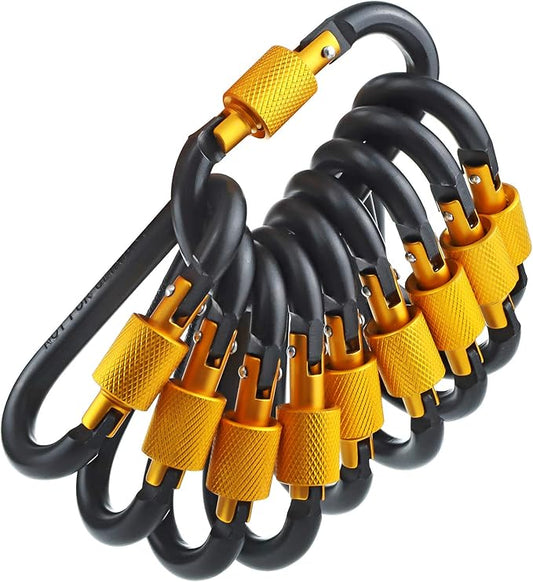 10 Pack Aluminum D Ring Key Rings Hiking Clips Locking Carabiner for Hiking Camping Fishing and Outdoor Use，Clips with Screw Gate Multicolored