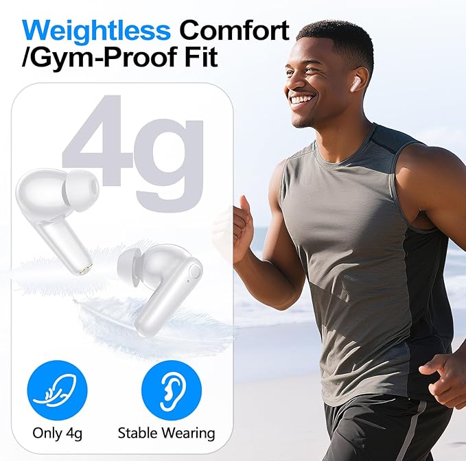 kurdene Wireless Earbuds Bluetooth 5.4 Headphones 60H Playtime Deep Bass Stereo Ear Buds with Mic Comfort Lightweight in Ear Earphones for Workout/Running White