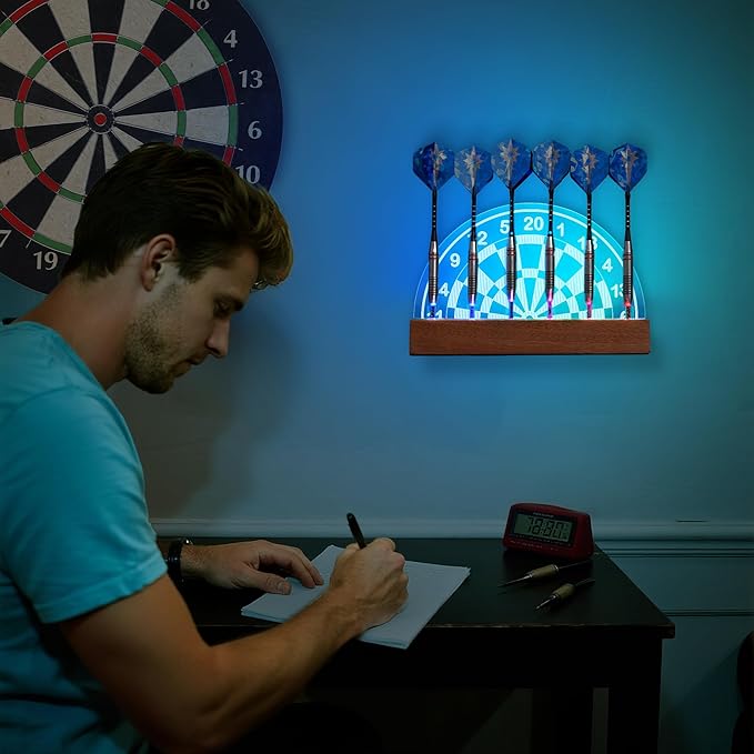 Light Up Dart Stand Wall Mount, Acrylic Wooden LED Dart Holder with Multiple Color Modes with Remote Control Holds 6 Darts, Xmas Birthday Gifts for Darts Enthusiasts
