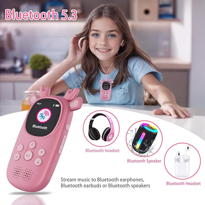 32GB MP3 Players for Kids, Cute Reindeer Portable Music Bluetooth Kid MP3 Player, Child MP3 Player with Bluetooth 5.3,Speaker, FM Radio, Alarm Clock, Voice Recorder, Stopwatch (Support up to 128GB)