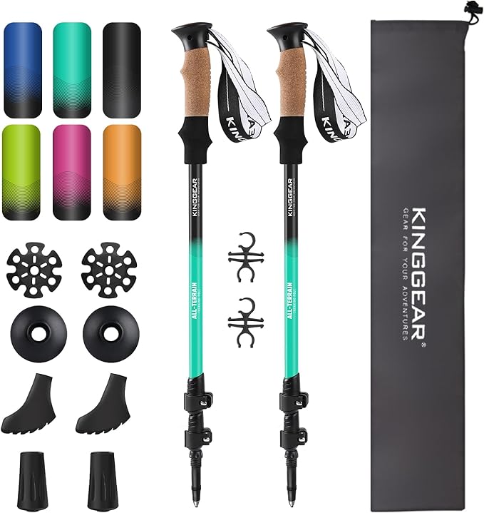 KINGGEAR Nordic Walking Stick, TP1 Hiking Poles Retractable Lightweight 7075 Aluminum, Trekking Poles with Flip Lock, Natural Cork and EVA Grip, 2pc Hiking Gear
