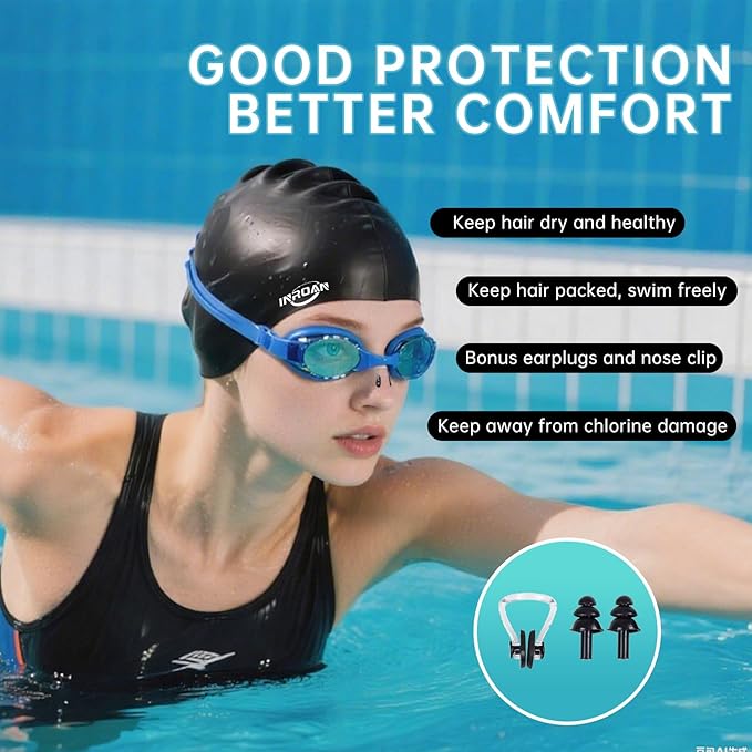 Large Thick Hair Swim Cap with Extra Room for Women Men, Premium Silicone Swimming Cap for Long Hair with Ear Plugs Nose Clip Set, Adult Waterproof Swim Hats Bathing Caps to Keep Hair Dry