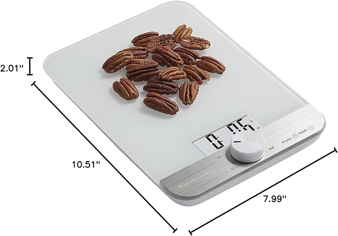 KitchenAid KQ908 Glass Surface 11 Pound Capacity Digital Kitchen and Food Scale, White