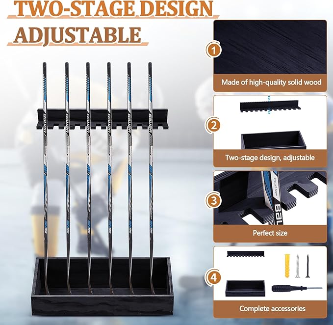 Leinuosen Hockey Stick Holder Wall Mounted and Vertical 2 in 1 Wooden Ice Hockey Rack Organizer Storage and Display Large Capacity Organizer Holds up to Sticks for Player Gifts